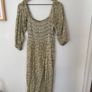 WAYF Smocked Midi Dress in Yellow abstract floral print